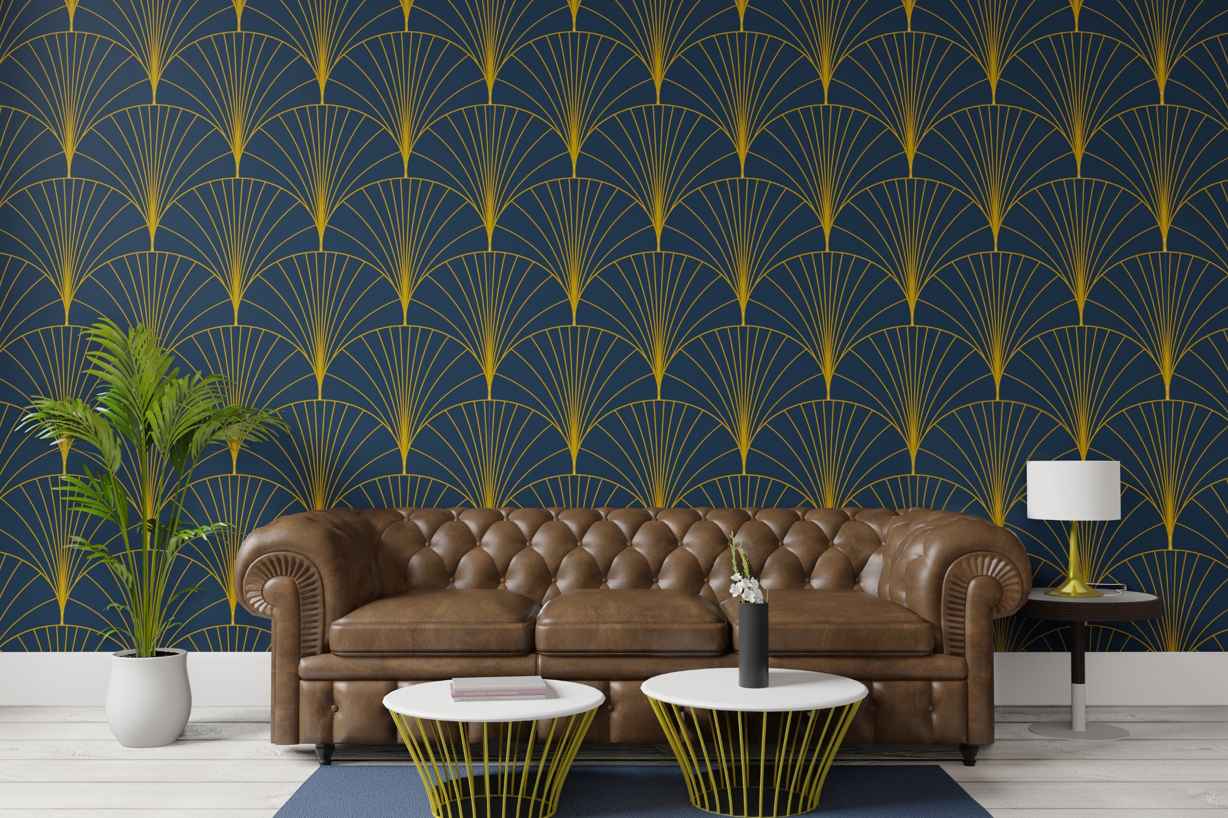Art deco lounge with geometric wallpaper