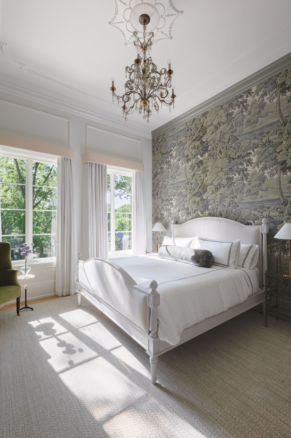 Bedroom with textured botanical wallcovering
