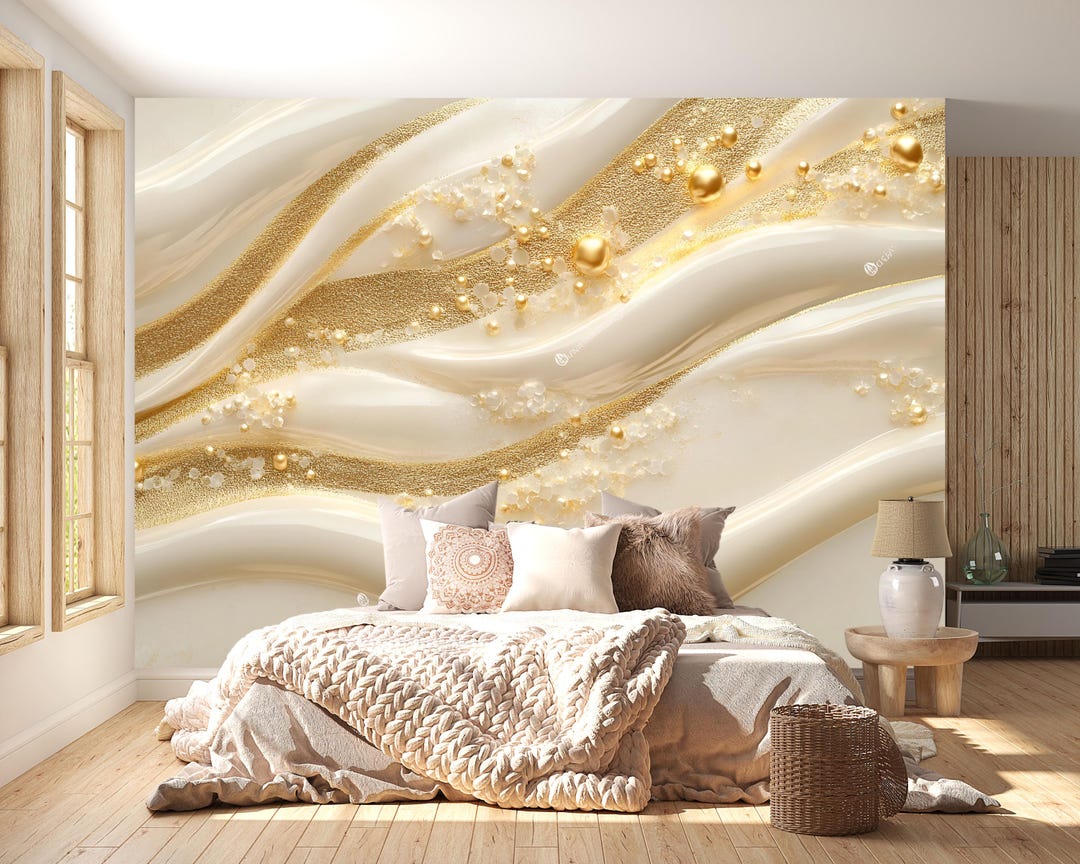Luxury bedroom with gold textured wallpaper